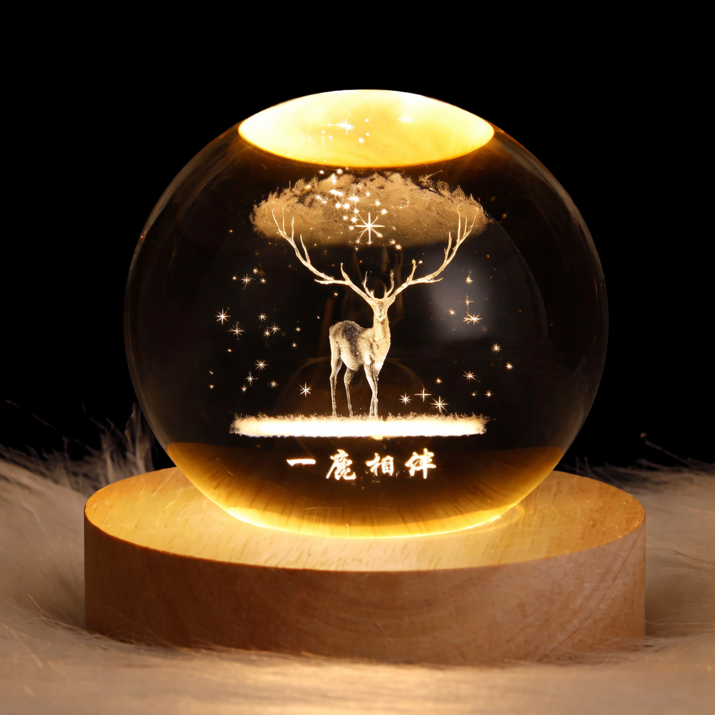 3D Crystal Ball Night Light LED Crystal Lamp with Wooden Base